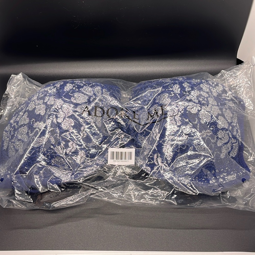 Adore Me SET bra bralette Navy silver lace NWT 32DDD padded push up & Med thong